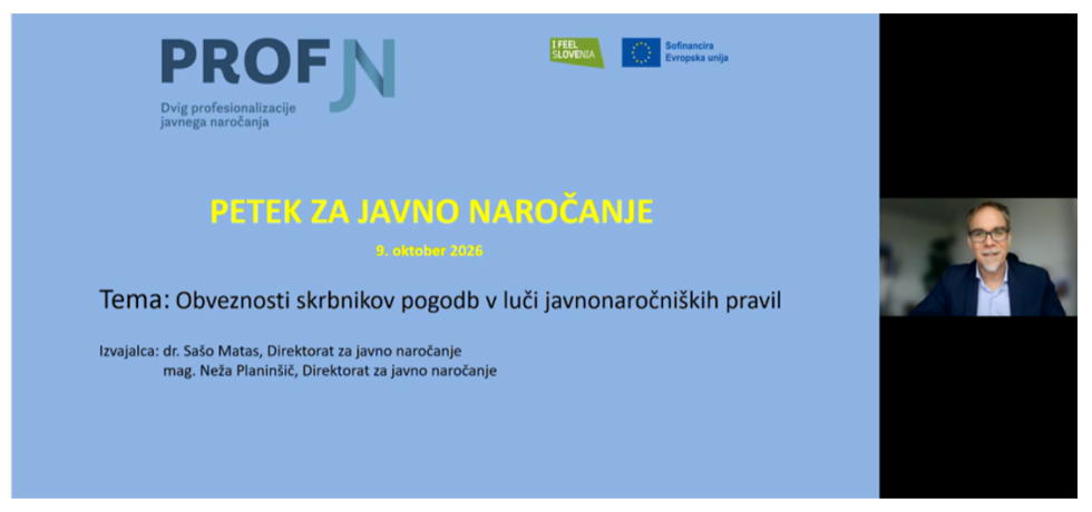 Naslovnica video prezentacije z napisnom: Petek za javno naročanje, datumom usposabljanja in izvajalci