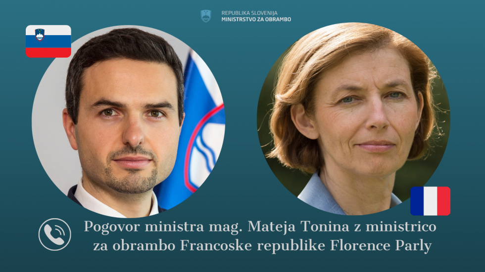 Portret ministra Tonina s slovensko zastavico in ministrice Parly s francosko zastavico