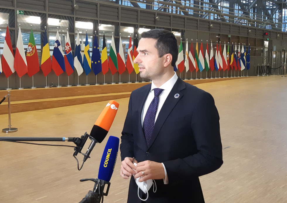 Minister stoji pred mikrofoni v veliki dvorani. Ob strani so zastave držav članic EU.