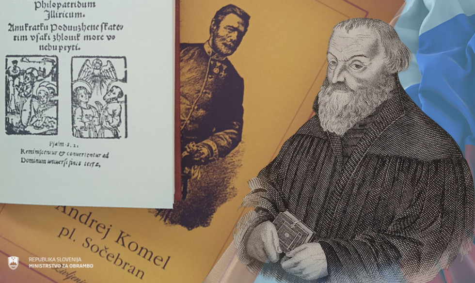 Simbolna grafika ob dnevu Primoža Trubarja. Prikazan je njegov portret v lesorezu, del knjige Katekizem in naslovnica knjige o Andreju Komelu