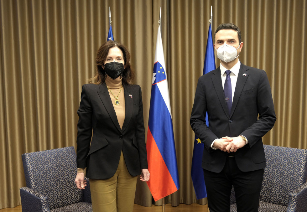 Minister in veleposlanica stojita v sprejemnici. Za njima so zastave Združenih držav Amerike, Slovenije in EU