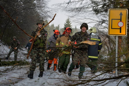 Members of the Slovenian Armed Forces and firefighters remove broken trees.