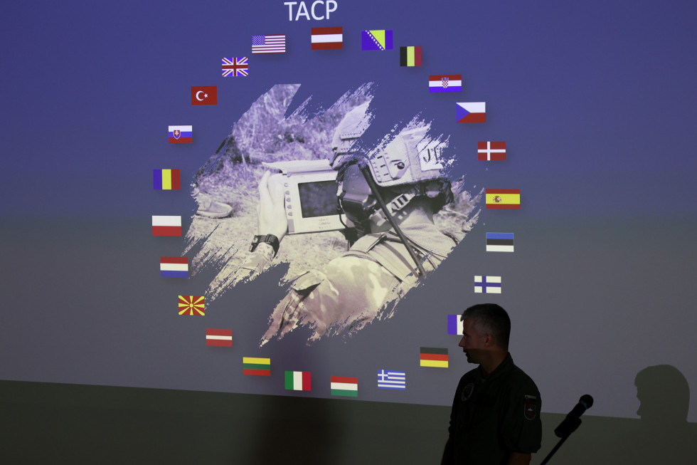 A presentation of the international military exercise Adriatic Strike 2023. In the background, a presentation page with the symbols of all the countries participating in the exercise.