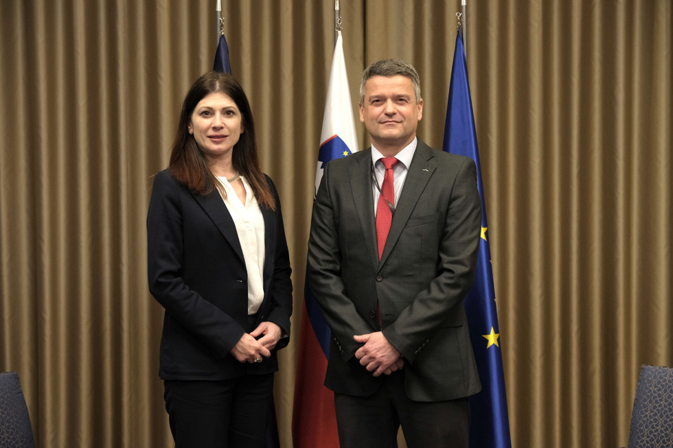 Visoka predstavnica in namestnik direktorja stojita pred zastavami Nata, Slovenije in EU