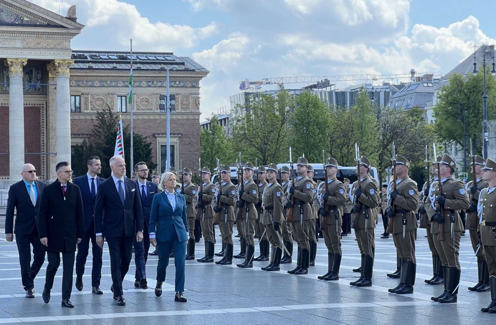 Ministri pred začetkom hodijo mimo postrojenih gardistov madžarske vojske