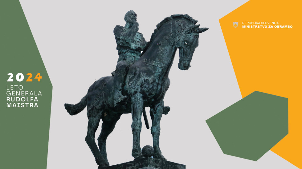 Spomenik Rudolf Maister na konju, obrobljen z barvnimi geometričnimi elementi grafične podobe