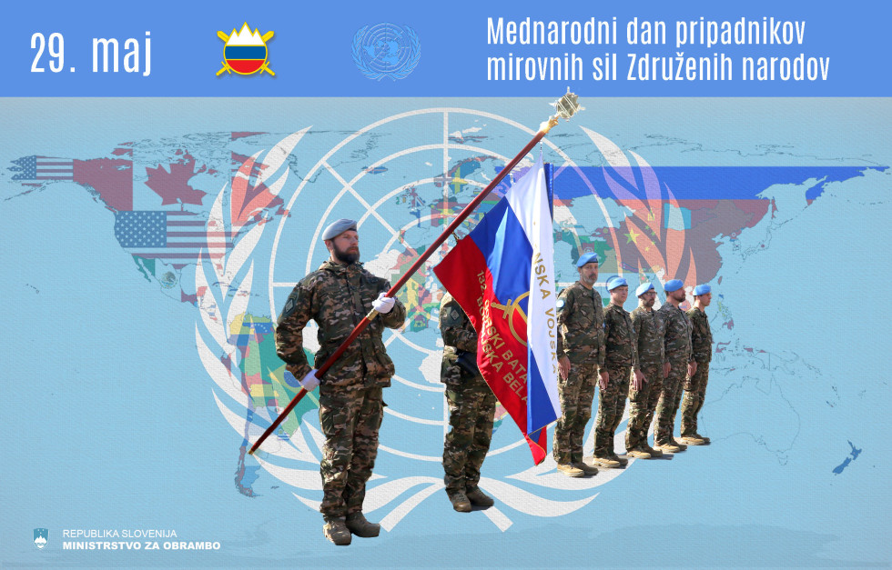 Grafična predstavitev dneva mirovnikov. Vojaki z zastavo Slovenske vojske na ozadju s simbolom Združenih narodov