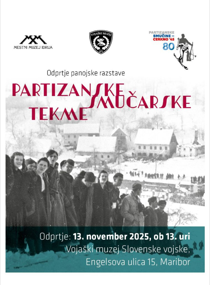 Plakat s črno-belo fotografijo Cerknega v obdobju druge svetovne vojne in naslov razstave