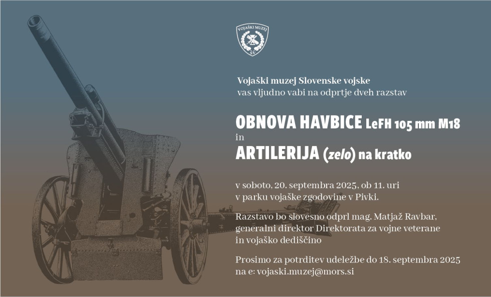 Plakat s sliko havbice in besedilom na zeleno sivi podlagi