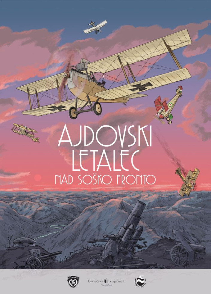 Plakat z ilustracijo dvokrilnega letala, ki leti nad soško fronto