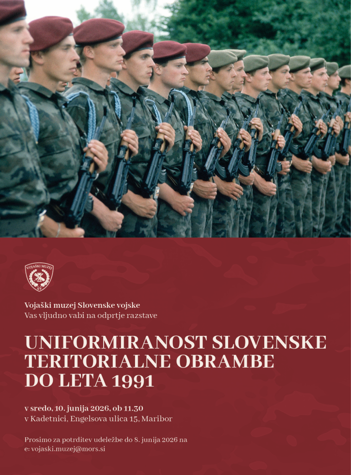 Postrojena četa nekdanje Teritorialne obrambe, v spodnjem delu plakata pa je besedilo na bodro barvni podlagi