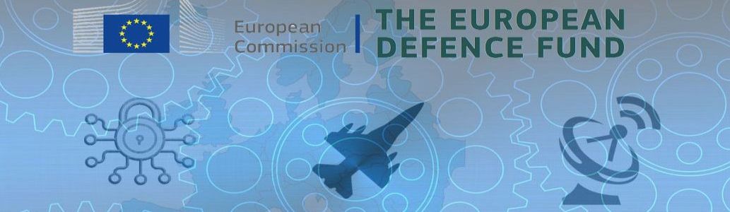 Logotip evropskega obrambnega sklada z ozadjem iz tehničnih elementov ter zemljevida EU.