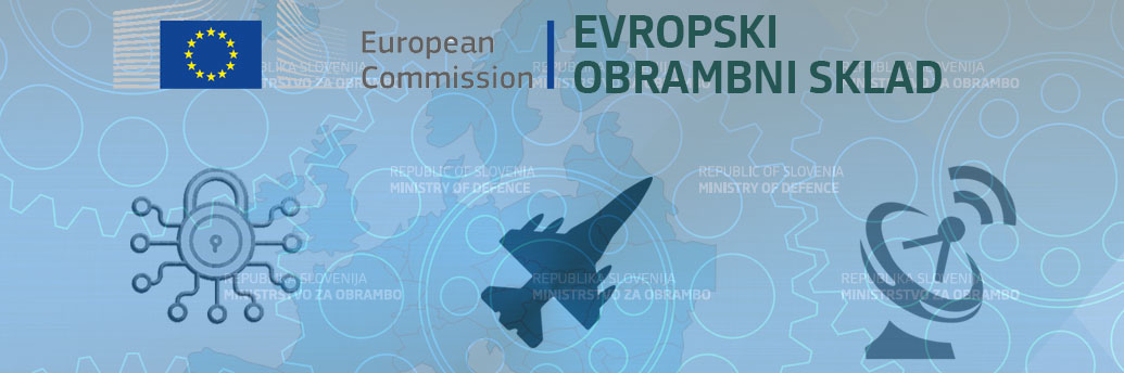 Logotip evropskega obrambnega sklada z ozadjem iz tehničnih elementov ter zemljevida EU.