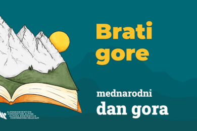 Grafika z napisom Brati gore, mednarodni dan gora. Na levi strani simbol odprte knjige iz katere štrlijo gore.