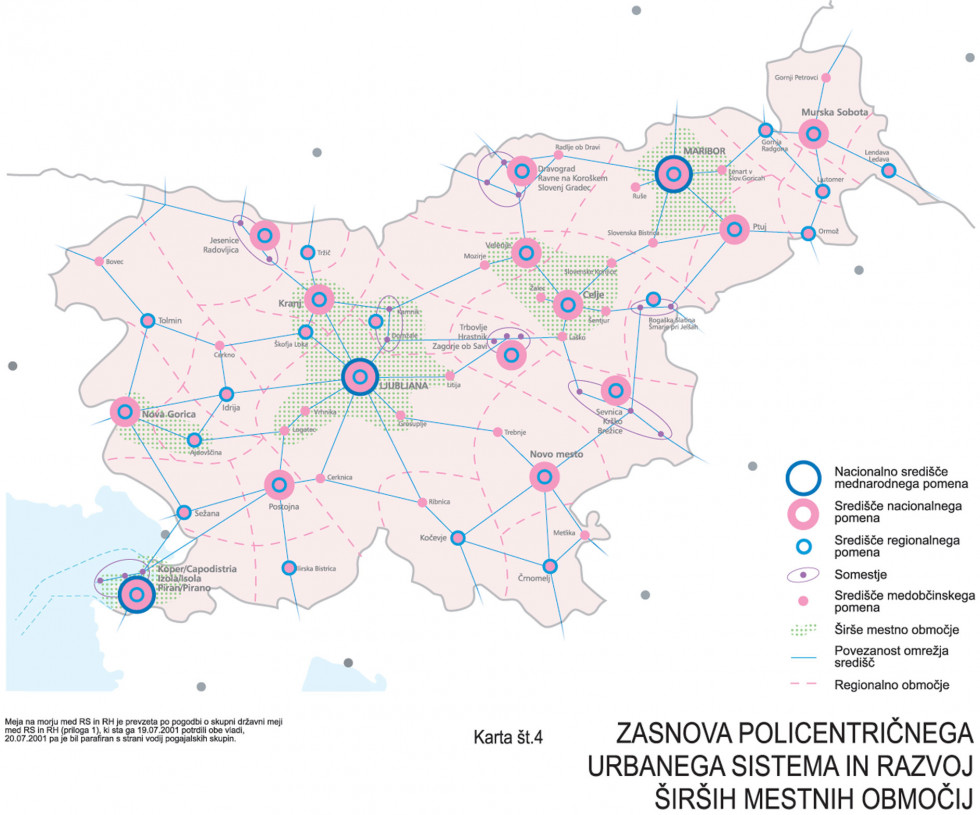 Zasnova policentričnega urbanega sistema in razvoj širših mestnih območij na zemljevidu Slovenije