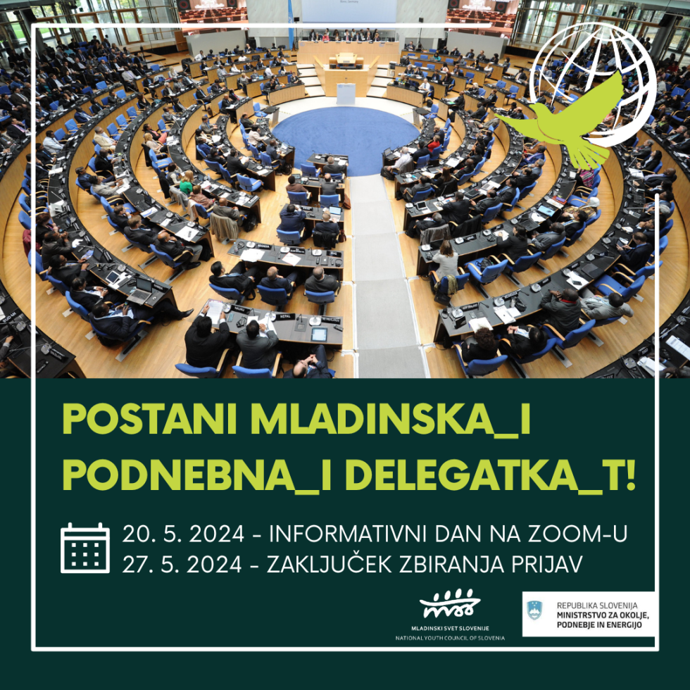 Letak, ki nagovarja mlade, da postanejo podnebni delegati, dodana je informacija o datumu informativnega dneva in o zaključku zbiranja prijav