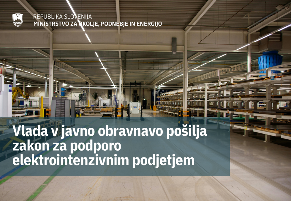 Grafika: Skladišče. Napis: Vlada v javno obravnavo pošilja zakon za podporo elektrointenzivnim podjetjem.