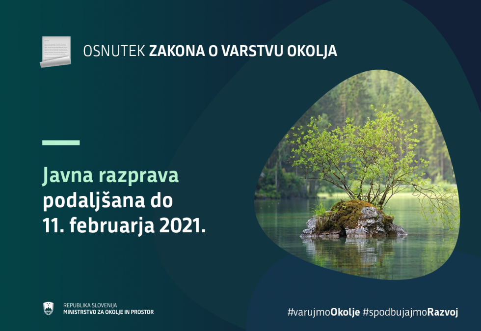 Fotografija otočka z drevesom na jezeru, na modri podlagi kjer piše: Osnutek Zakona o varstvu okolja in Javna razprava podaljšana do 11. februarja 2021