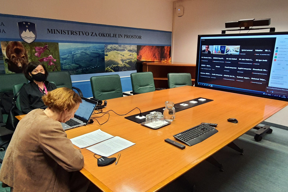 Državna sekretarka sedi za mizo pred zaslonom, na katerem po spletu poteka konferenca