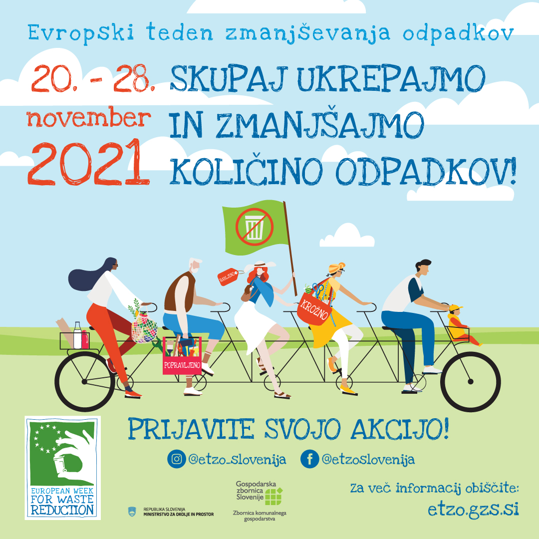 Plakat na katerem piše, da ETZO poteka med 20. in 28. 11. "Skupaj ukrepajmo in zmanjšajmo količino odpadkov"