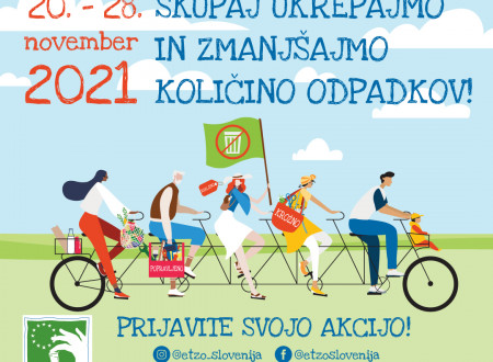 Plakat na katerem piše, da ETZO poteka med 20. in 28. 11. "Skupaj ukrepajmo in zmanjšajmo količino odpadkov"