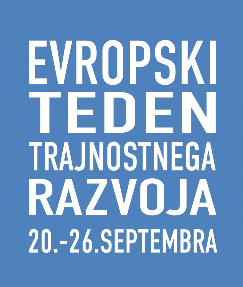 Logotip Evropskega tedna trajnostnega razvoja na modri podlagi z besedilom in datumom tedna 