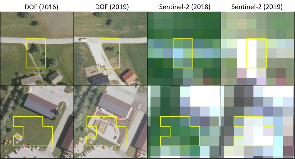 Slika 2:Primer zaznanih novih utrjenih površin (rumeni okvir) na satelitskih posnetkih Sentinel-2 v dveh časovnih obdobjih (2016 in 2019)