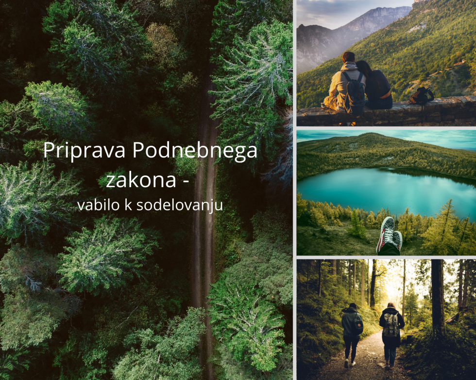 Fotografija je simbolična - gre za podobe narave in z napisom Priprava Podnebnega zakona - vabilo k sodelovanju 