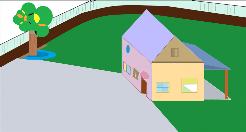 Grafični simbolični prikaz hiše in ureditve okolice 