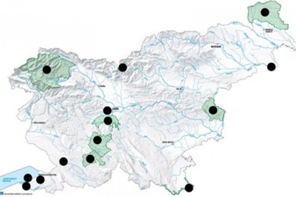 Prikaz naravnih parkov in rezervatov označenih s pikami na zemljevidu Slovenije