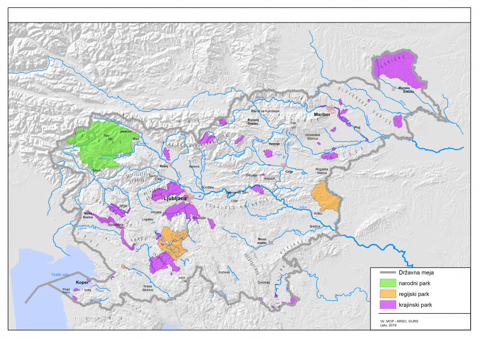 Areas of parks on the map of Slovenia