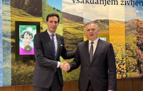 Image 3 (Two men are shaking hands, with a colorful background. The Minister of the Environment, Climate, and Energy, Bojan Kumer, met today with the European Commissioner for Climate Action, Carbon Neutrality, and Clean Growth, Wopke Hoekstra.)