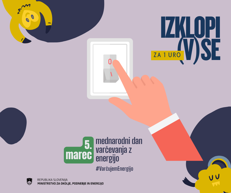 Večbarvna grafika z osrednjim motivom roke, ki ugaša stikalo za luč.