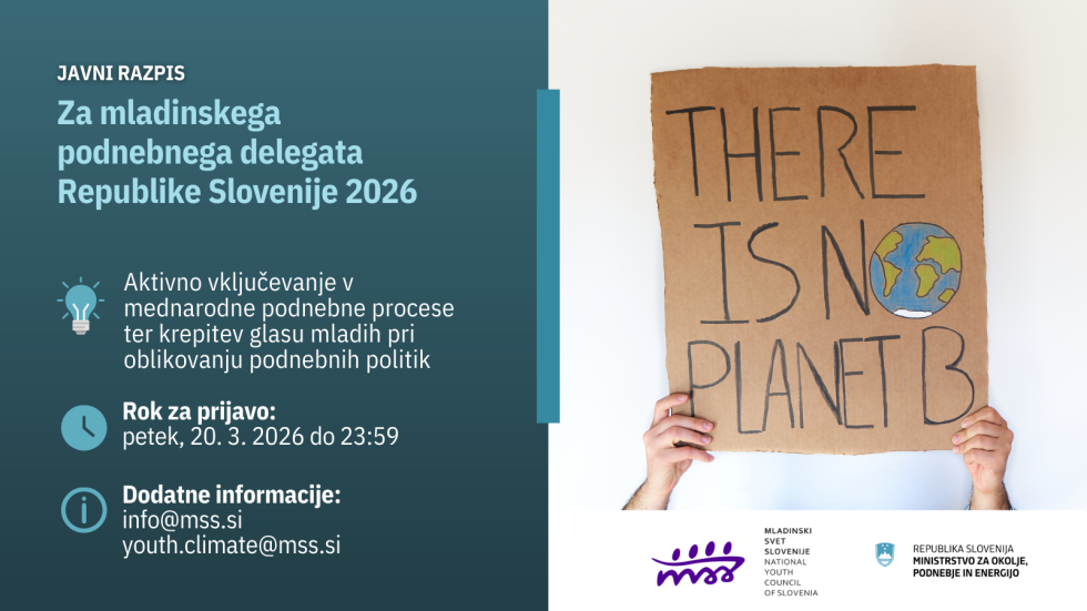 Grafika, na levi strani so zapisane podrobnosti javneg aratpisa, na desni fotografija transparenta z angleškim napisom "There is no planet B"