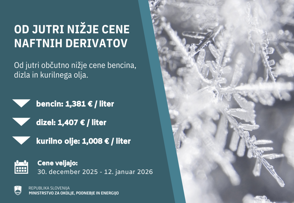 Vizualna grafika, na levi so zapisane cene naftnih derivatov, na desni fotografija snežinke.