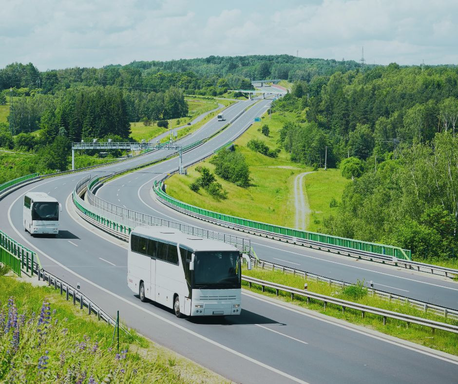 Zelena pokrajina, preko katere vije avtocesta. Po njej vozita dva bala avtobusa.