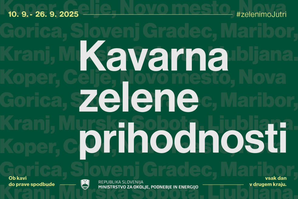 Zelena infografika z belim napisom Kavarna zelene prihodnosti.