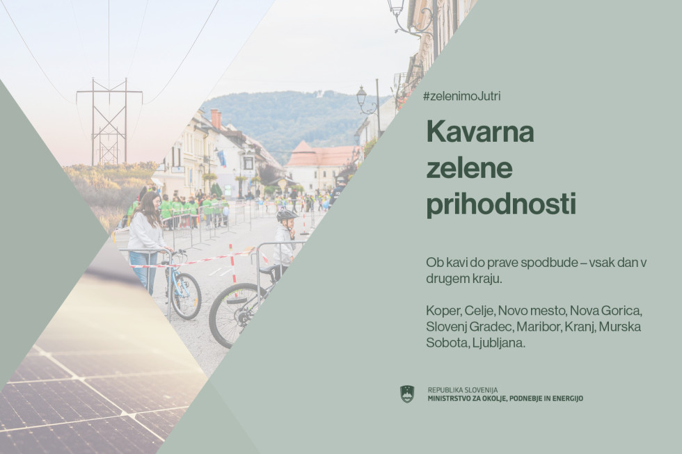 Infografika v travnato zeleni barvi. Levo podobe trajnosti, desno napis zelenimo jutri, kavarna zelene prihodnosti, ob kavi do prave spodbude vsak dan v drugem kraju. 