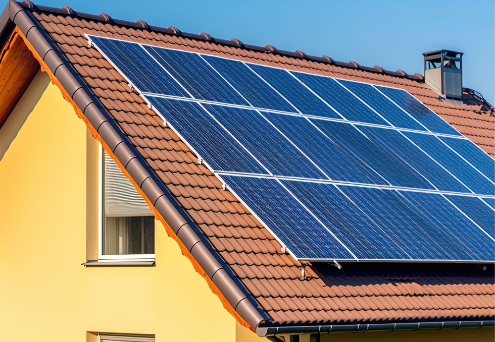 The roof of the house with solar panels.