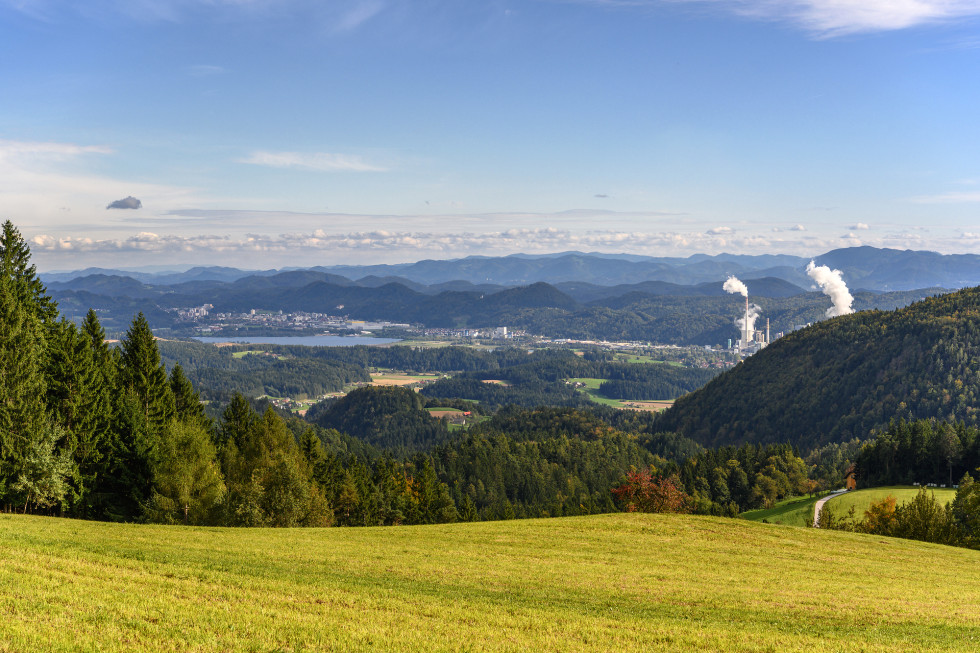V ospredju travnik in gozd, v ozadju Šaleška dolina. 