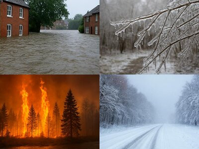 kombinacija štirih fotografij - poplave, požar, žled, moker sneg