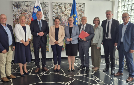 Srečanje s predstavniki narodne skupnosti v Celovcu (2) (Nine professionals in business attire pose for a group photo in a bright gallery, with abstract art and two flags behind them.)