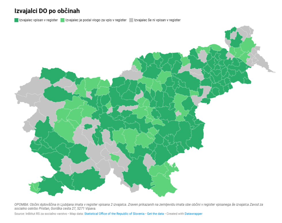 Zemljevid Slovenije - v temno zeleni barvi občine, v katerih so izvajalci vpisani v register, v svetlo zeleni barvi občine, v katerih je izvajalec podal vlogo za vpis v register, s sivo barvo označene občine, v katerih izvajalec še ni vpisan v register