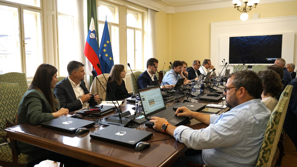 Udeleženci srečanja sedijo za mizo, na mizi so prenosni računalniki in mikrofoni, v ozadju okna in slovenska in evropska zastava