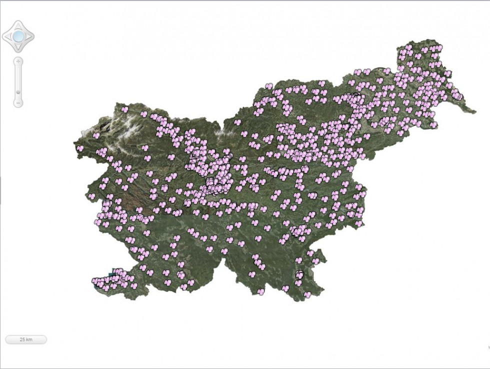 Zemljevid Slovenije, na katerem so označene lokacije vrtcev.