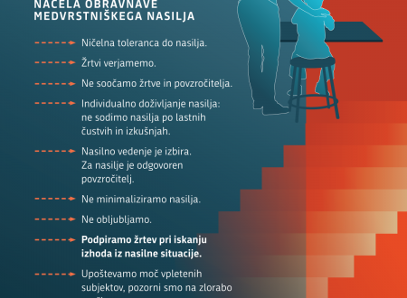 Plakat načela obravnave medvrstniškega nasilja: ničelna toleranca, podpiramo in verjamemo žrtvi, za nasilje je odgovoren povzročitelj, doživljanje je individualno, nasilja ne sodimo/minimaliziramo, ne obljubljamo, ne prelagamo odgovornosti.