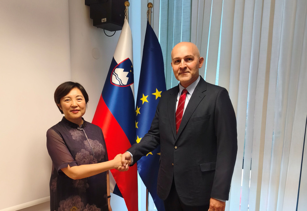 Minister za izobraževanje, znanost in mladino dr. Borut Rončević in veleposlanica Ljudske republike Kitajske v Republiki Sloveniji, njena ekscelenca Kang Yan med rokovanjem na ministrstvu pred zastavama
