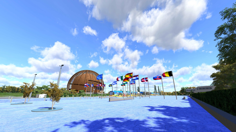 The Esplanade des Particules in front of the main CERN building, where the flags of the member states are displayed.