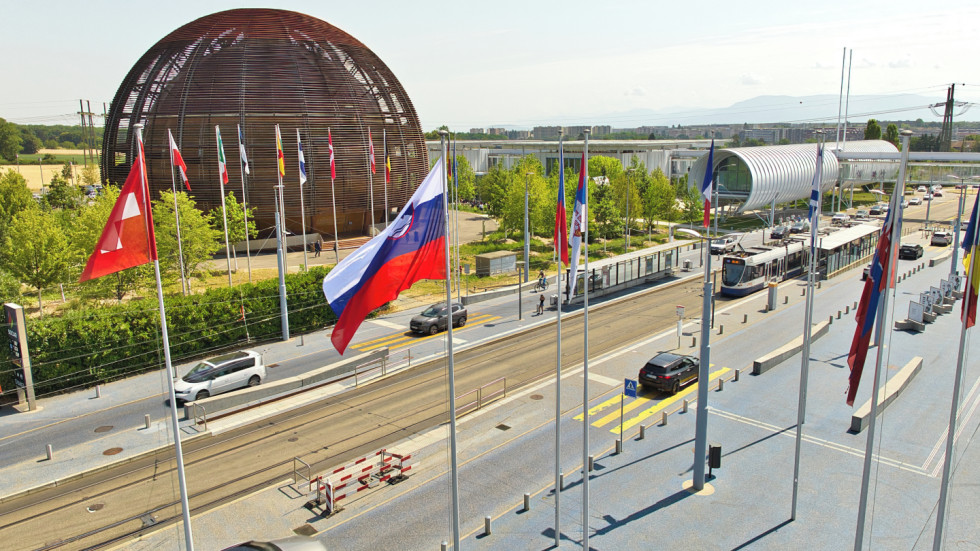 The Slovenian flag in Cern on the Esplanade des Particles.