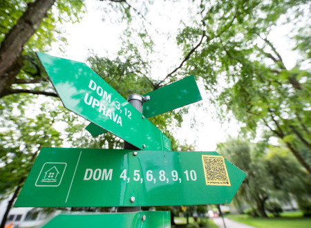 Zeleni smerokazi v študentskem naselju Rožna dolina usmerjajo do posameznih študentskih domov in uprave.